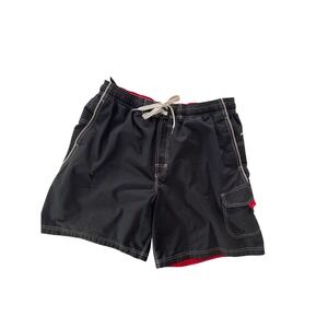 Speedo Men's XL‎ Black Swim Trunks Shorts Drawstring Pocket Red Lined